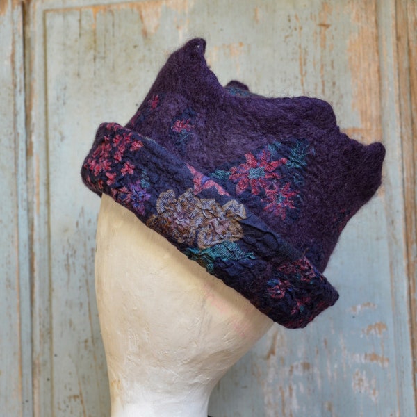 A handmade purple felt hat in a style of a crown, made with merino wool and fabric, a warm hat unique gift for her