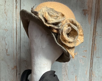 1920s cloche hat, unique Millinery hat, Felt hat, Felted Hats, Art Hat, wool hat with roses, Mrs Fisher hat, Art Deco hat