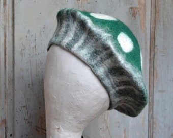 Green and white polka dot beret  handmade wool beret, french beret lightweight cap for women