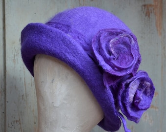 Purple 1920s cloche hat, unique Millinery hat, Felt Hat for Women, Flapper Artist Hat, wool hat with roses, Mrs Fisher hat, Bohemian Style