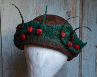 Felt crown cloche hat in the shape of a wreath, woodland crown hat, handmade unique hat Christmas gift for women
