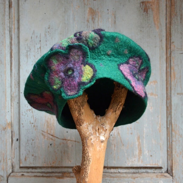 Green wool felt beret hat with flowers, nuno felted unique bonnet for women, womens winter hats, anniversary gifts