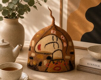 Handmade Felted Tea Cozy – Klimt Inspired Teapot Cover, Cottagecore Kitchen Decor