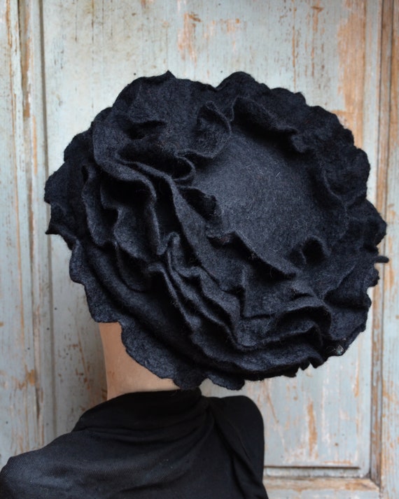 Black French Beret Hat With Layers Handmade Warm Felt Hat Etsy