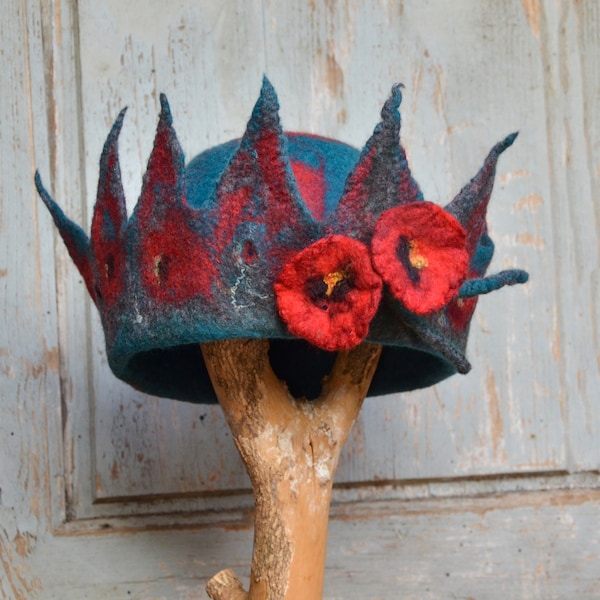 cloche hat with poppies in a crown shape, handmade Felt  wool cloche ,a unique gift for her