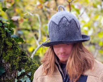 100% Wool Felt Sauna Hat – Grey Mountain Banya Cap, Unisex Handmade Heat Protection