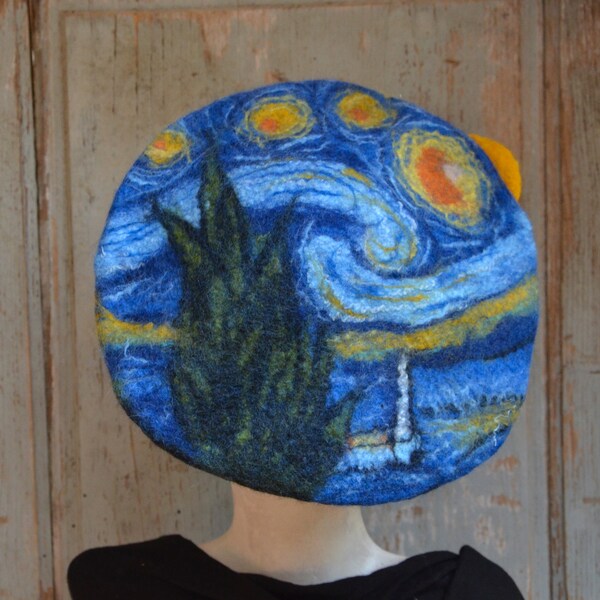Artist beret hat, starry night wool cap, unique art gift, wearable art