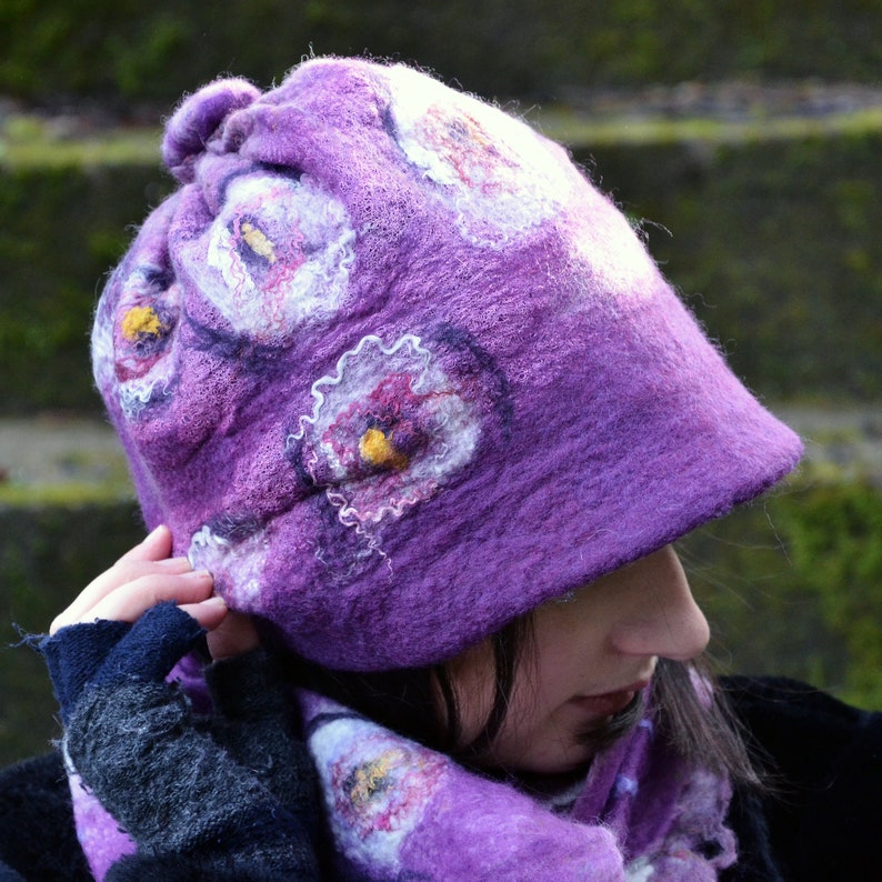Purple Felted beanie and Scarf set Felt scarf Neck warmer Handmade Art to wear Cobweb scarf light weight Hand Felted hat, Reversible image 5