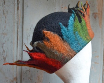 Winter felt hats, handmade multicolored wool cloche hat in a crown shape unique handmade woolen warm gift for her