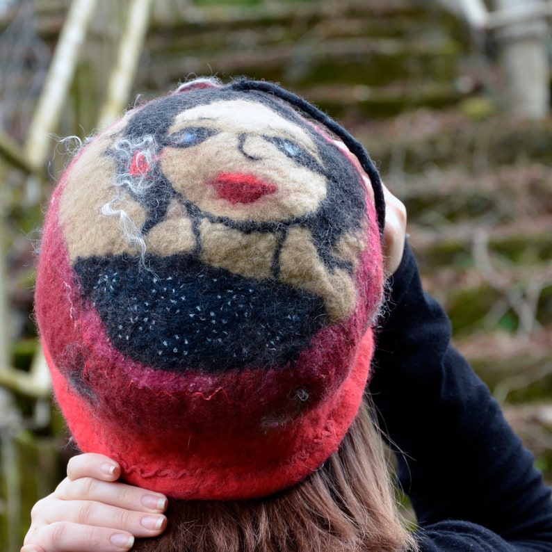 with a felt portrait of a girl for a unique gift. 1920s Cloche in red merino wool