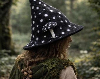 Black Mushroom Witch Hat – Felted Wizard Hat – Halloween Costume Cosplay – Fairycore & Cottagecore