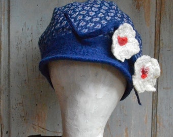 Handmade Royal Blue Felt Beanie Hat, Newsboy Wool Cap  Slouchy Beanie nuno Felted Gif for her.