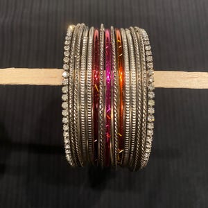 Silver & Multicolor Bangle Set – Traditional Indian Glass Bangles with Rhinestones – Bridal Party Jewelry