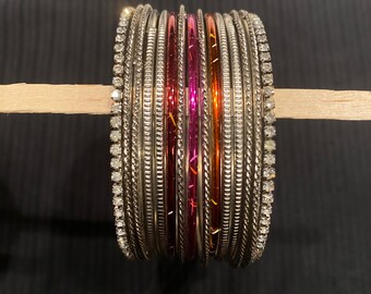 Silver & Multicolor Bangle Set – Traditional Indian Glass Bangles with Rhinestones – Bridal Party Jewelry