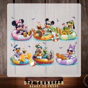 May include: A DTF transfer sheet featuring six cartoon characters in swim tubes on water. Minnie Mouse, Mickey Mouse, Pluto, Donald Duck, Goofy, and Daisy Duck wear sunglasses and tropical shirts while holding drinks or ice cream. Small birds fly above.