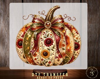 Floral Pumpkin DTF Transfer, Fall Pumpkin with Sunflowers & Glitter effeckt  Bow, Autumn Harvest Shirt Design, Ready To Press