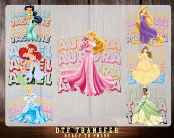 Transferencia termoadhesiva lista para planchar: Princesas, Jazmín, Rapunzel, Bella, Aurora, Cenicienta y Tiana.