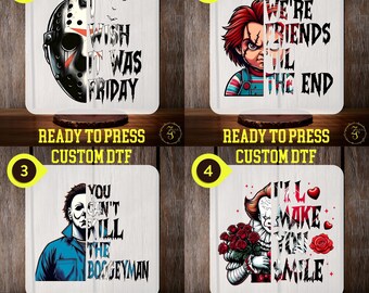 May include: Four square sublimation blanks with horror-themed designs. Each features a character image and text: Jason Voorhees, Chucky, Michael Myers, and Pennywise. The text includes phrases like "I wish it was Friday" and "We're friends til the end."