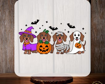 Halloween Dachshund Dogs DTF Transfer, Ready To Press Cute Wiener Dogs in Costumes, Spooky Pumpkin Ghost Mummy Cartoon Puppy Festive Holiday