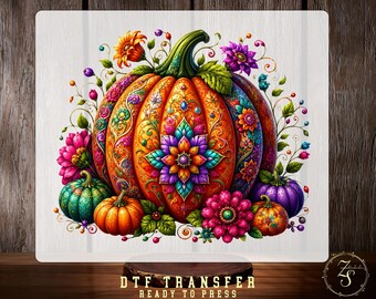 Floral Pumpkin DTF Transfer, Colorful Boho Autumn Harvest Thanksgiving Floral Pumpkin Ready To Press