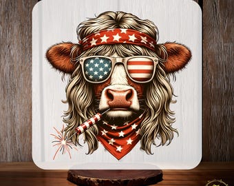 4th of July Heifer Patriotic American DTF Transfer, Western American Highland Cow Ready to Press, Independence Day, Patriotic Mama USA Flag