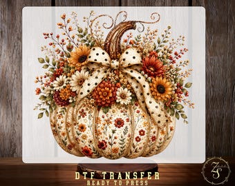 Floral Pumpkin DTF Transfer, White Pumpkin with Fall Flowers, Autumn Ready To Press