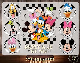 Transferencia termoadhesiva Retro Mickey & Co 1928 DTF lista para planchar Mickey y amigos vintage, viaje clásico de Disney