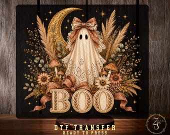 Boho Ghost Boo DTF Transfer, Coquette Halloween Ghost Bow Design, Ready To Press