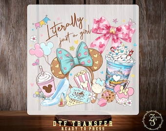 Transferencia termoadhesiva "Just a Girl DTF" lista para planchar, "Just a Girl Disney Trip" (Viaje a Disney para chicas)