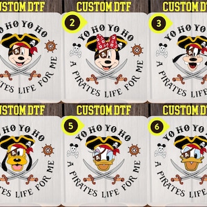 May include: Six white coasters with a pirate theme. Each coaster features a different Disney character, including Mickey Mouse, Minnie Mouse, Goofy, Donald Duck, and Pluto. The coasters have the text "Yo Ho Yo Ho A Pirates Life For Me" printed on them.
