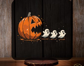 May include: Black square with a Halloween design featuring an orange jack-o'-lantern with a jagged mouth and three white ghosts. The text "CUSTOM DTF" and "READY TO PRESS" are in yellow.