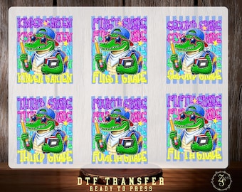 Alligator Back To School Grade DTF Transfer, Kindergarten First Second Third Fourth Fifth Grade Shirt, Ready To Press