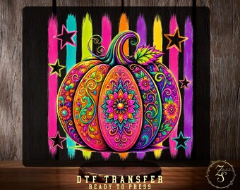 Neon Floral Pumpkin DTF Transfer, Retro Colorful Boho Halloween Thanksgiving Pumpkin Ready To Press