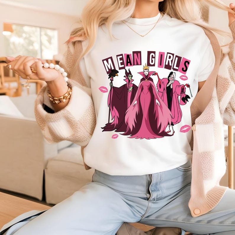 Lifestyle mockup of Mean Girls Disney villains DTF transfer on shirt, Maleficent Cruella and Evil Queen Halloween ready to press print.