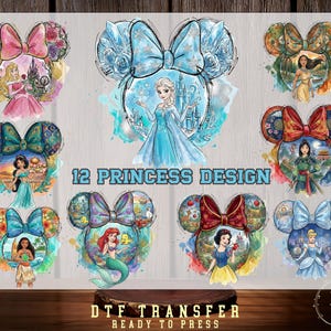 May include: A collection of 12 princess designs, each within a Mickey Mouse ear silhouette. The designs feature watercolor illustrations of Disney princesses, bows, and castle backgrounds. The text "12 PRINCESS DESIGN" is displayed.
