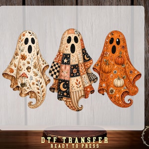 Halloween Ghost DTF Transfer, Patchwork Boho Ghost Trio Shirt Transfer, Vintage Autumn Spooky  Ready To Press