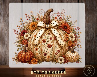 Floral White Pumpkin DTF Transfer, Autumn Pumpkin with Polka Dot Bow & Fall Flowers, Thanksgiving Shirt, Ready To Press