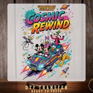 May include: A colorful graphic print featuring Mickey Mouse, Minnie Mouse, Donald Duck, Daisy Duck, Goofy, and Pluto riding in a purple space car. The text reads Guardians of the Galaxy Cosmic Rewind, surrounded by stars, a satellite, and a rocket.