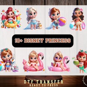 May include: A collection of cartoon Disney Princesses, including Ariel, Elsa, and Moana, in summer-themed outfits. The image features the text "10+ DISNEY PRINCESS" and "DTF TRANSFER READY TO PRESS".