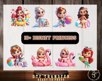 Transferencias Disney Cute Baby Princess listas para imprimir, Princesas Disney de verano listas para imprimir, Flotadores mágicos de natación de princesas Ariel Elsa Anna Moana Aurora
