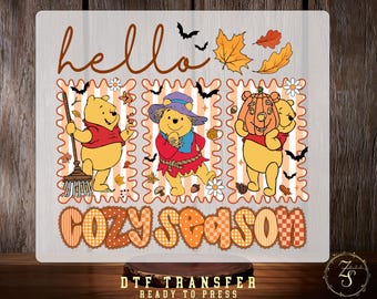 Hello Cozy Season DTF Transfer, Winnie Bear Fall Halloween Design, Ready To Press