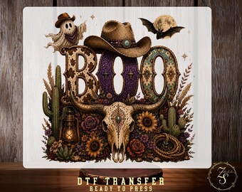 Western Boo DTF Transfer, Cowboy Halloween Ghost Design, Ready To Press
