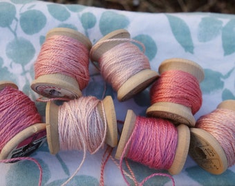 Silk EmbroideryThread on 7 Vintage Wooden Spools Light Shades of Pink Naturally Dyed with Madder Roots and Cochineal 10 Yards Each Spool