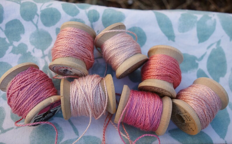 Silk EmbroideryThread on 7 Vintage Wooden Spools Light Shades of Pink Naturally Dyed with Madder Roots and Cochineal 10 Yards Each Spool image 1