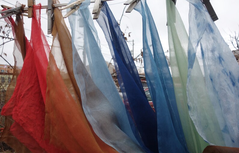 Silk Gauze Fabrics 10x 28 to 28x 40 Plant Dyes 9 Pieces Silk Naturally Dyed with Indigo Walnuts and Madder Blue Red Brown Silk Gauze zdjęcie 5