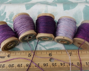 Silk Embroidery Thread Purple and Lavender  Natural Dye on 5 Vintage Wood Spools Dyed with Cochineal and Indigo 10 Yards Each Spool