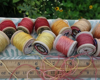 Silk Embroidery Thread Natural Dyes on 12 Vintage Wooden Spools Yellow Orange Red Pink Plant Dyed Colors Madder Marigold Dyes 10 Yards Each