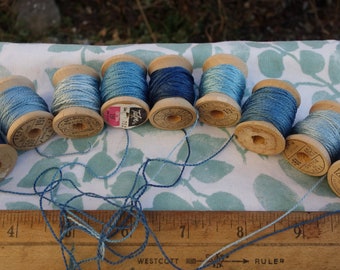 Silk Embroidery Thread Natural Dye on 9 Small Vintage Wooden Spools Shades of Blue Hand Dyed with Natural Indigo 10 Yards Each