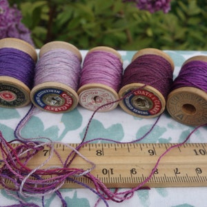 Silk Embroidery Thread Purple Pink and Lavender Natural Dye on 11 Vintage Wood Spools Dyed with Cochineal and Indigo 10 Yards Each Spool image 6