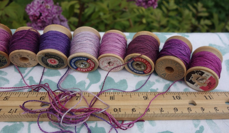 Silk Embroidery Thread Purple Pink and Lavender Natural Dye on 11 Vintage Wood Spools Dyed with Cochineal and Indigo 10 Yards Each Spool image 6